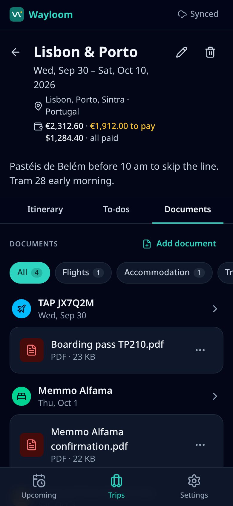 Documents tab: boarding pass PDF on the flight, hotel confirmation PDF on the stay