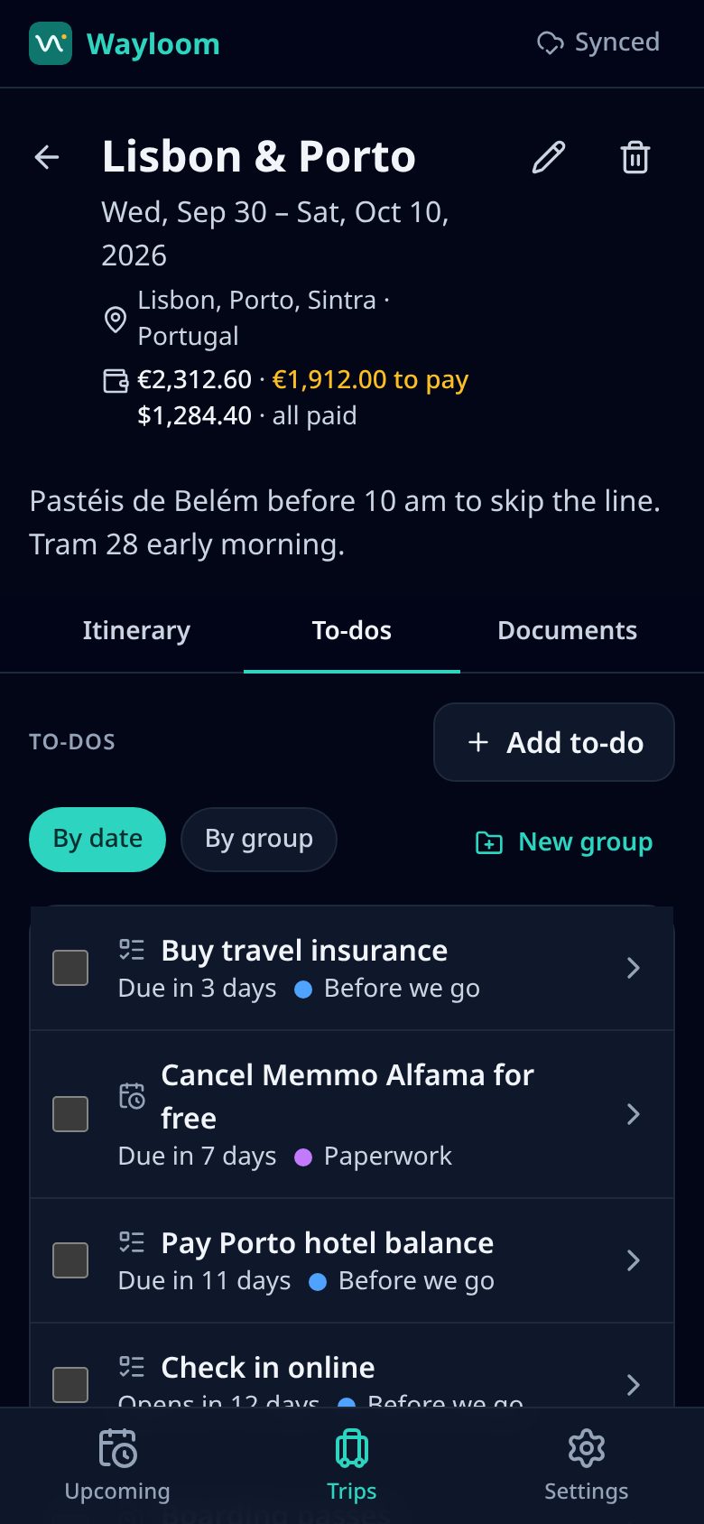 To-dos for the trip: buy travel insurance due in 3 days, cancel the hotel for free within 7 days, pay the Porto hotel balance