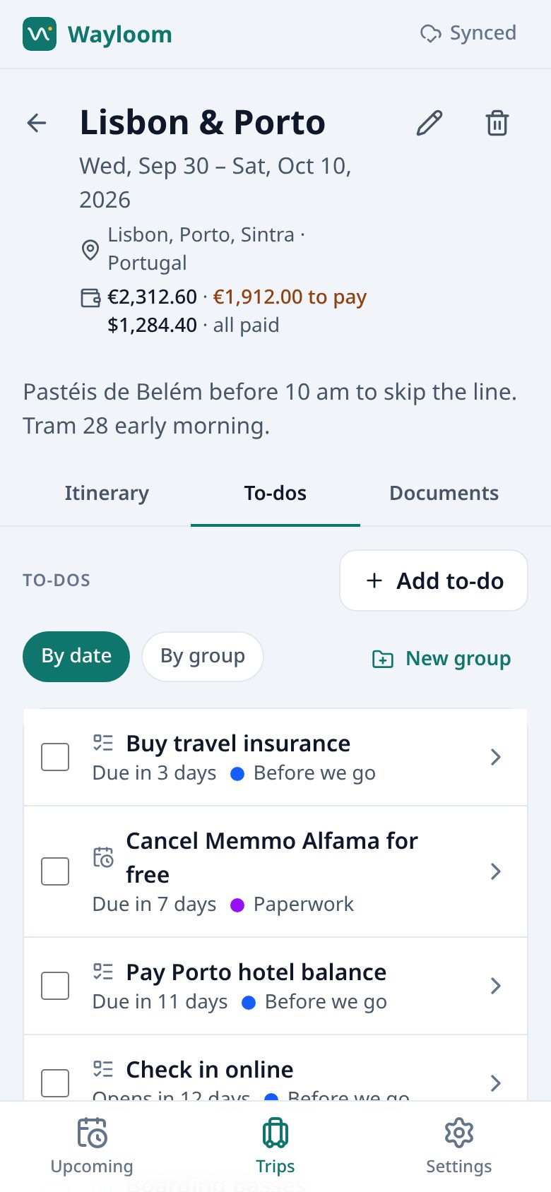 To-dos for the trip: buy travel insurance due in 3 days, cancel the hotel for free within 7 days, pay the Porto hotel balance