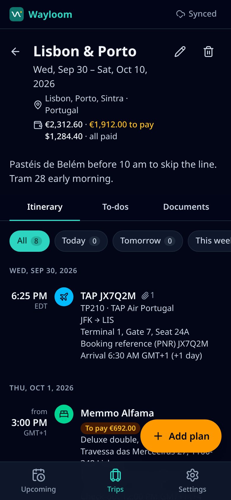 Lisbon & Porto trip: dates, destinations, costs in euros and dollars, and the itinerary starting with flight TP210