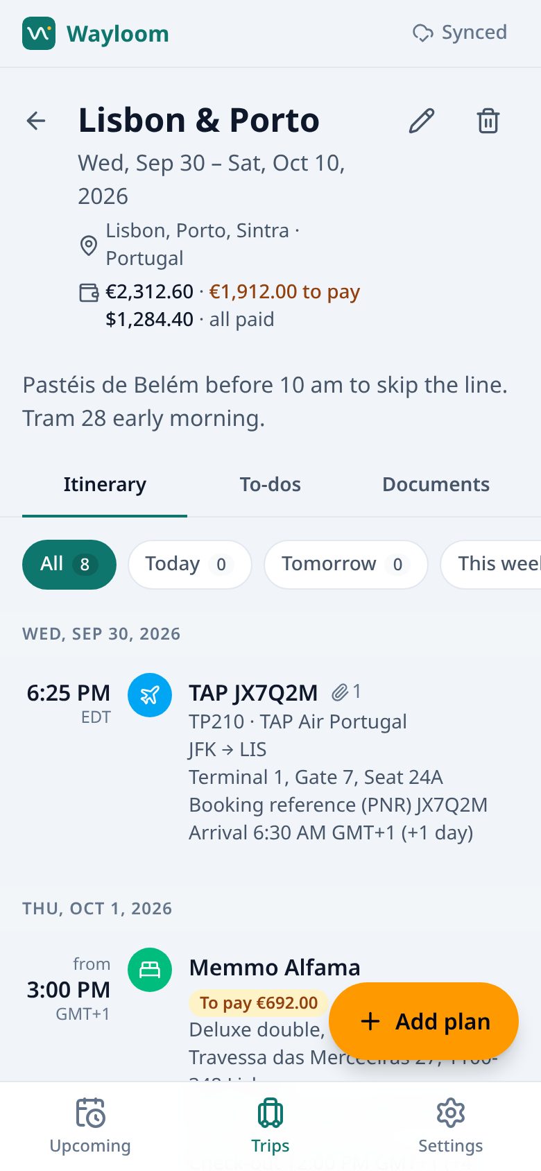 Lisbon & Porto trip: dates, destinations, costs in euros and dollars, and the itinerary starting with flight TP210